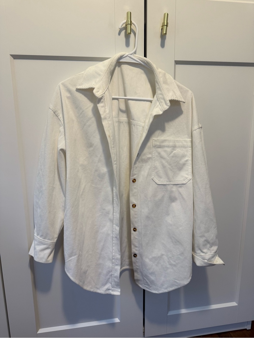 White Corduroy Button-Up Shirt Jacket
